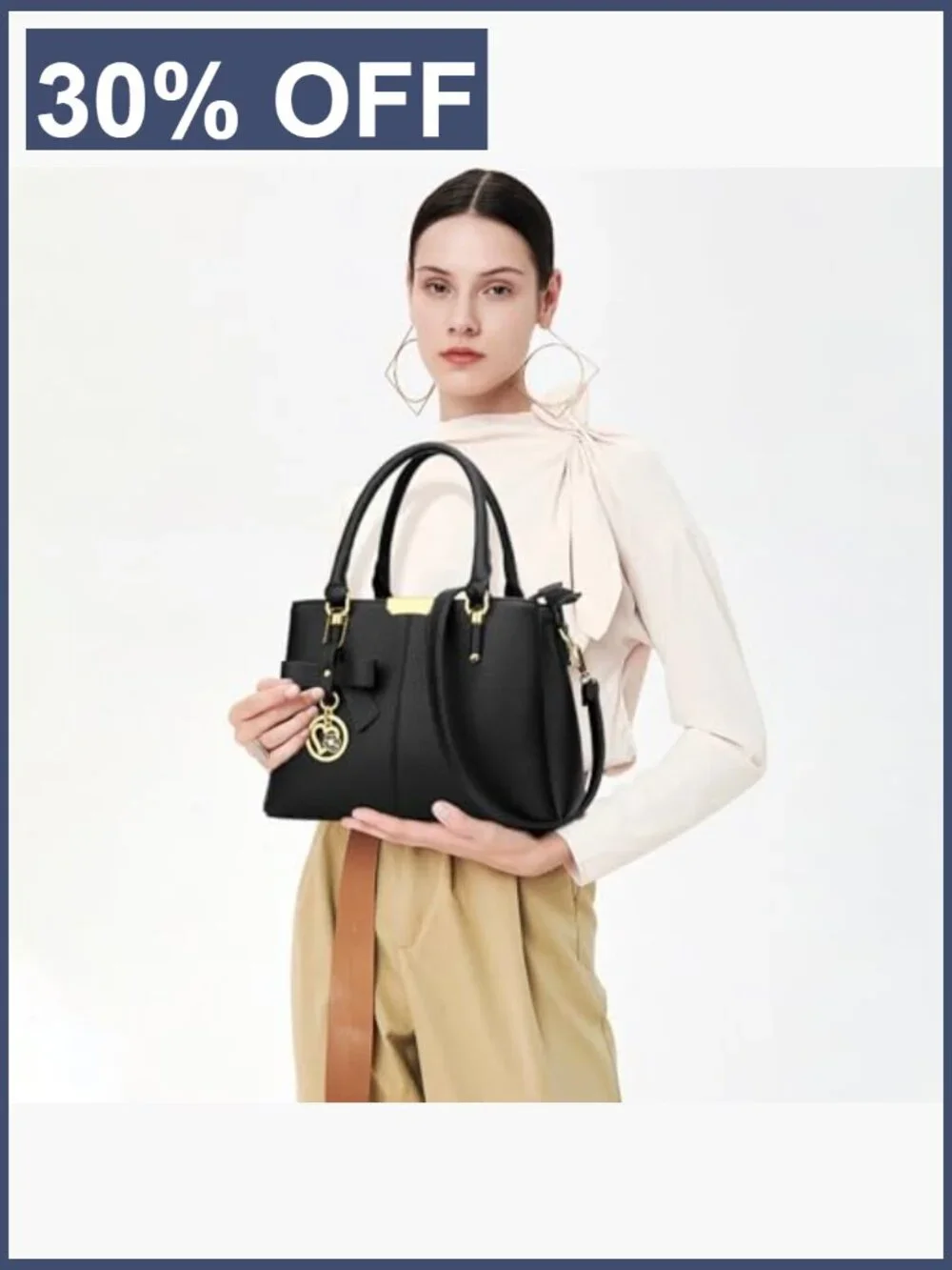 PU Leather Top Handle Satchel Bag 3 Zippered Compartments Crossbody